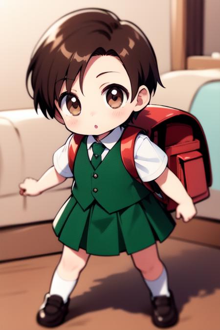 <lora:rokujoumugi:0.8>  rokujoumugi, brown hair, short hair, brown eyes, chibi, toddler, a very young child, 7 years old, 
solo, 1girl, backpack, bag, skirt, short hair, randoseru, necktie, socks, school uniform,  full body, vest
masterpiece, high quality, very_high_resolution, large_filesize, full color,