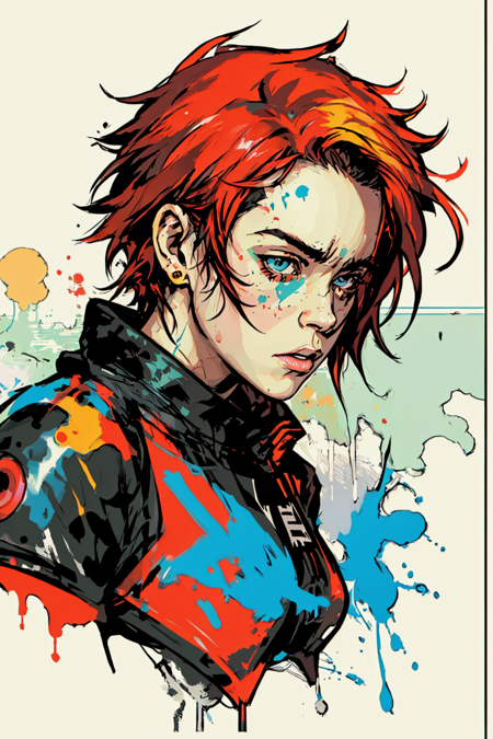 dskinkpunk, Inkpunk, Inked, ink splashes, extremely loud yelling paint splatter emotional drawing on a comic book cover, nvinkpunk style, Comic book art by Yoji Shinkawa, sfw, stylish, painting, colorful, profile picture, masterpiece, high definition, masterpiece, best quality, trending on artstation, intricate, colors, random dripping paint, splashes, Vaguely inspired by Gorillaz, FLCL, and Yoji Shinkawa, <lora:Duskfall_InkPunk:0.5>