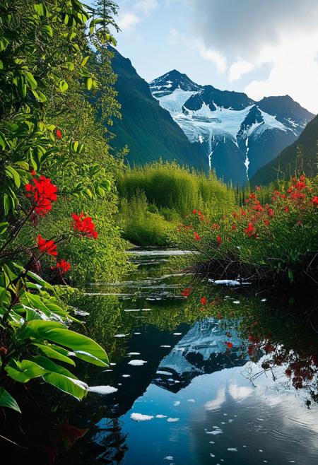 ()Hyoer Realistic:2.0)Polaroid picture of 
image of Eklutna Lake in Anchorage, Alaska, where the effects of climate change have transformed the lake into a lush, tropical paradise. 
(Focusing on the close up on the Beautiful Mature women, each with a voluptuous figure taking a selfie:2.75)
The once-frozen landscape is now teeming with vibrant, tropical plants and flowers, and the air is warm and humid.
In the background, the majestic Chugach Mountains from Chugach State Park rise up, their peaks still capped with snow, but now surrounded by a halo of tropical greenery. The lake's surface is calm and reflective, with a few sailboats and kayaks gliding across its surface.
Capture the surreal, futuristic atmosphere of this scene, where the harsh, subarctic environment of Anchorage has given way to a vibrant, tropical oasis.