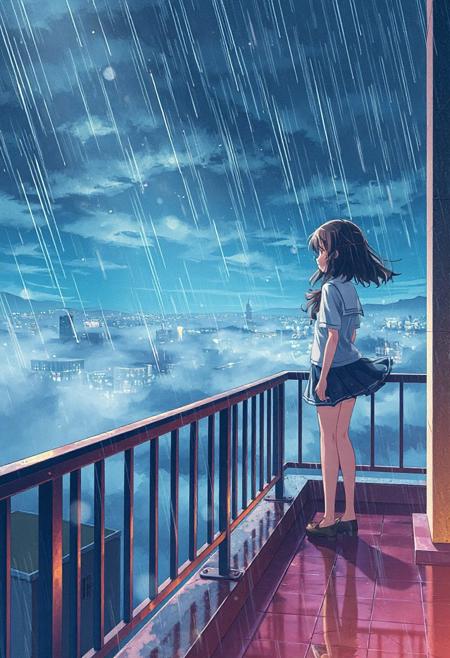 Vertical 9:16 cinematic anime scene, ultra-detailed 4K, in the style of “Weathering with You” key art: a lone girl in a rain-drenched school uniform standing on a rooftop ledge, her hair and skirt fluttering in a gentle breeze; layers of soft, textured clouds receding into depth, distant neon city lights glowing through mist; volumetric sunbeams piercing rain clouds, creating shifting light shafts; parallax-ready composition with foreground railing crisp, midground girl in sharp focus, background city softly blurred; hyper-detailed watercolor cel shading, raindrop gloss on surfaces, subtle bloom and film grain; strong sense of depth and motion.