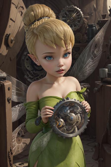 masterpiece, 8k, perfect ligthing, , adult, female, looking at viewer, cinematic lighting, cowboy shot,  (TinkerBell:1.5), (TinkerBellWaifu:1.1), single hair bun, (dress), (green clothe), (transparent fairy wings:1.6), (green clothes), ((clothes made from leaves)), pointy ears, blue eyes, (detailled eyes:1.2), blush, shrunken, inside clock, (gears:1.4), (clockwork:1.6), (tinkering:1.5), pile of huge buttons, pixiedust,   <lora:TinkerBellDisney-06:0.7> <lora:realisticGlossyFaceSkin_rseromanticRsesofiko:0.3><hypernet:empty:0.5>