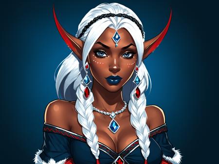 (flat vector:0.5), (digital painting:1.2), (comics drawing,:1.3) drow, female, pointy ears, solo, long hair, jewelry, earrings, feathers, braid, red eyes, colored skin, looking at viewer, upper body, white hair, facial mark, breasts, elf, ear piercing, fur trim, single braid, blue skin, dark skin, dark background , ((masterpiece, best quality)) <lora:xl_more_art-full-beta2:1>