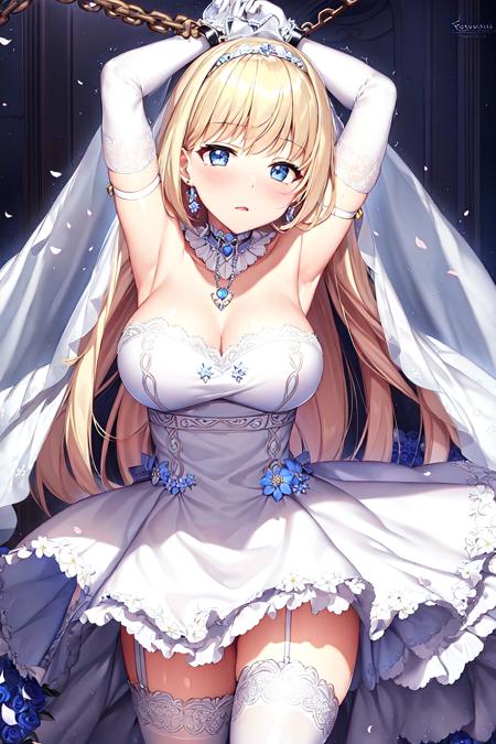 ((masterpiece,best quality)), 1girl, adult female, blonde hair, blue eyes, long hair, cowboy shot, dynamic angles, large breasts, breasts,  dress, short dress, flower, cleavage, white dress, veil, white dress, bare shoulders,  bangs, bridal veil, standing, frills, frilled dress, blush, frills, wedding dress, (white gloves, elbow gloves), sleeveless,  white flower, sleeveless dress, choker, sidelocks,(zettai ryouiki:1.2), collarbone, jewelry, earrings, detached collar, wedding,  (white thighhighs, white legwear, garter straps), arms up, (chained, bound, chains, chain, cuffs, bound wrists, restrained, bdsm),