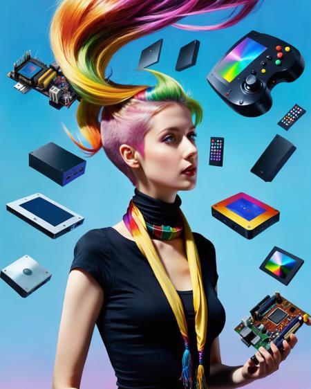 a woman with a colorful hair and a scarf, Electronics > Electronics Accessories > Computer Components > Input Devices > Game Controllers floating in the air:1.3, Alice Prin, surreal photography, a surrealist painting, art photography, promotional image, a hyperrealistic painting, hyperrealism, panfuturism , <lora:Photo_Fantasy:0.8>