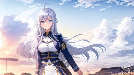 (masterpiece, best quality:1.2), 
1girl,Vladilena,lenaface,white thighhighs, garter straps, blue eyes, breasts, sky, looking at viewer, white hair,outdoors, boots, military, blue jacket, cloud, medium breasts, long sleeves, jacket, military uniform,antenna hair, hair between eyes, closed mouth, looking at viewer, portrait, ahoge, expressionless, bangs, white hair,
golden hour, glowing sky, warm sunrays, amber hues, serene atmosphere, railroad tracks stretching into the distance, vanishing point, aged wooden ties, rusted metal rails, gentle breeze, rhythmic clacking of a distant train, silhouettes of trees, tall grasses swaying, nostalgic ambiance, quiet contemplation, connection between past and present, timeless beauty,
<lora:VladilenaMilize_v2.7-000013:0.7>