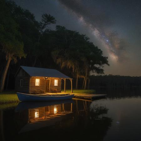 At night, a small row boat lied moored at a dock next to a brightly lit but old cabin that rests on the riverbank in the middle of the bayou