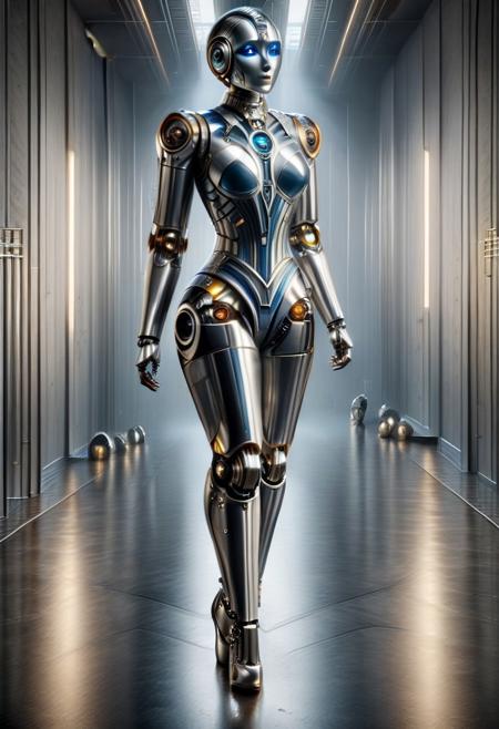 faceless female robot, walking in a wide white futuristic corridor, thigh high heel boots, , silver catsuit, silver skin, luminous blue light from within, art deco cyborg, no hair
cyberbotgilzv1 , TheFaceLess, ais-artdeco