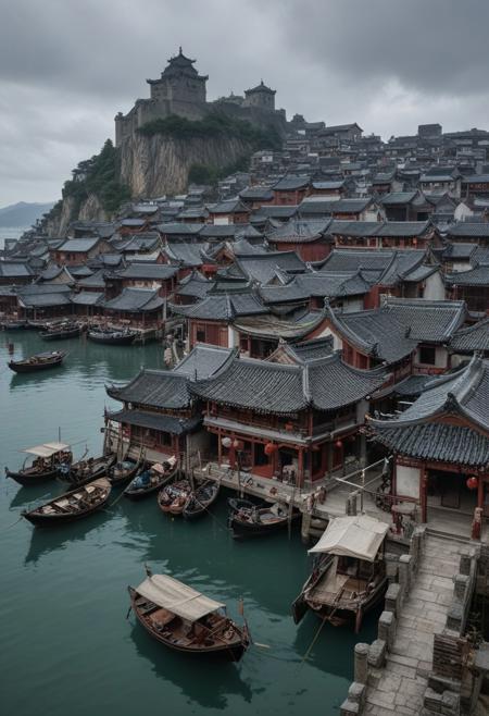 masterpiece, photorealistic, medieval china, port town, bustling town, chinese architecture, ships, grey skies, wet, sea, jetty