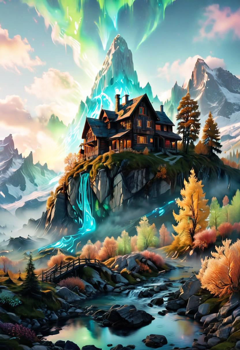 (by Ellen Jewett:1.5), ((Bioluminescent Impressionism: 1.8), The Dreamland), their peaks veiled in mist. mixed media, surrealism, great lighting, A surreal landscape highly detailed . extremely high-resolution details,  appears trapped in an optical illusion of reflections and refractions colorful , mountain cabin, ice and snow, professional photography, natural lighting, volumetric lighting maximalist. intricately detailed, complex, elegant, expansive, fantastical, film photography style,  medium grain,  <lora:MJ52:0.3>  <lora:SDXLFaeTastic2400:0.4>  <lora:EpicF4nta5yXL:0.7>.ethereal landscapes, depth of field, biotech emotion:1.3) <lora:xl_more_art-full_v1:0.5> <lora:add-detail-xl:1> <lora:RMSDXL_Creative:2>