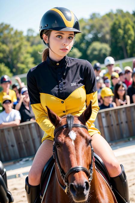 photo of a woman, (wearing equitation_outfit, wearing helmet:1.3), yellow equitation_outfit,
good hand,4k, high-res, masterpiece, best quality, head:1.3,((Hasselblad photography)), finely detailed skin, sharp focus, (cinematic lighting), night, soft lighting, dynamic angle, [:(detailed face:1.2):0.2], medium breasts,(((in front of a crowd))), outside,   <lora:equitation_outfit-10:0.5>