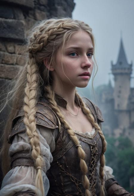 Close Up shot of  Rapunzel from the ancient  fairytale as a princess warrior, she IS a very beautiful girl,  blonde  hair in a extremely long braids, beautiful, medieval  clothes, dirt  clothes, wind, at night, fog, mist, she IS in a tower balcony, National Geographic photography awarded masterpiece