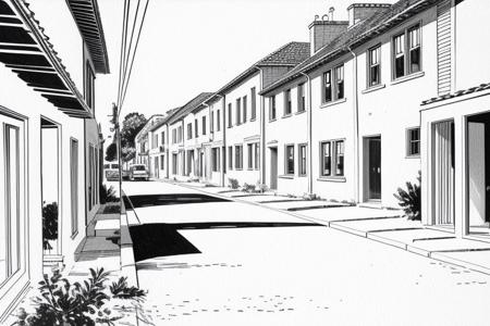 <lora:carlosgimenez:0.8> gimenez black and white drawing. Mid century 50s village, wide angle, wide shot