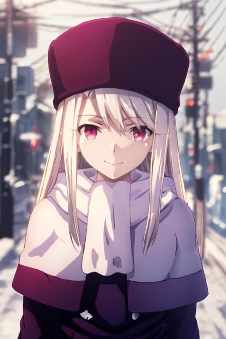 best quality, masterpiece, highres, solo, {illyasviel_von_einzbern_fatestaynightufotable:1.15}, long_hair, white_hair, red_eyes, bangs, hair_between_eyes, 1girl, closed_mouth, coat, fur_hat, hat, papakha, purple_headwear, scarf, smile, white_scarf, purple_capelet, purple_coat, blurry, capelet, looking_at_viewer, upper_body, blurry_background