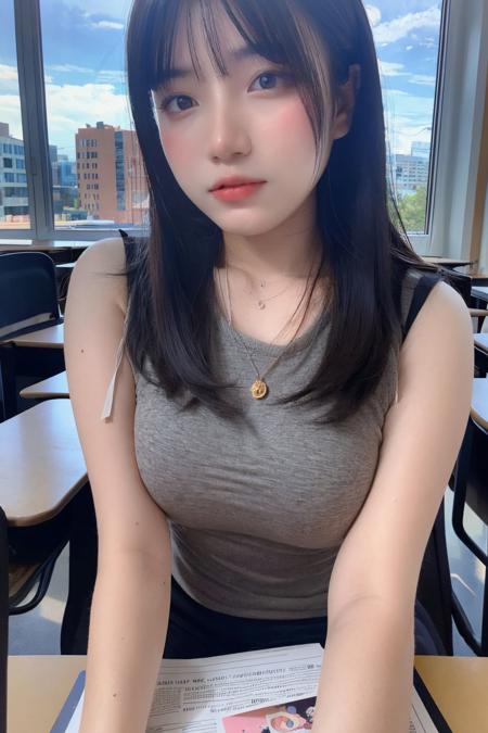 a photo of angelchan, 18 year old girl in the classroom, close up, <lora:angelchan-14:0.9>, (intricate details:0.8), (hdr, hyperdetailed:1.2),