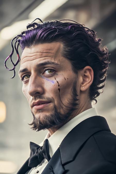 RAW face closeup portrait of a man wearing a tuxedo, professional photography, in blade runner, high resolution, 4k, 50mm, vaporwave, photo by Brooke Shaden, close portrait, <lora:wazukyanSageMadeInAbyss:1.1>, wazukyansage, brown eyes, purple hair, (facial mark)