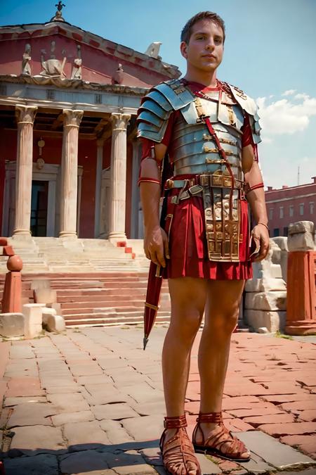 standing on a plaza in front of Roman temple, Roman pillars, DylanRoberts is wearing loriseg armor, (red tunic), (red shirt), (sandals), slight smile, close crop haircut, masterpiece, (((full body portrait))), (full body), wide angle, <lora:loriseg:0.75> <lora:fantrome_v3:0.60>    <lora:DylanRoberts:0.8>