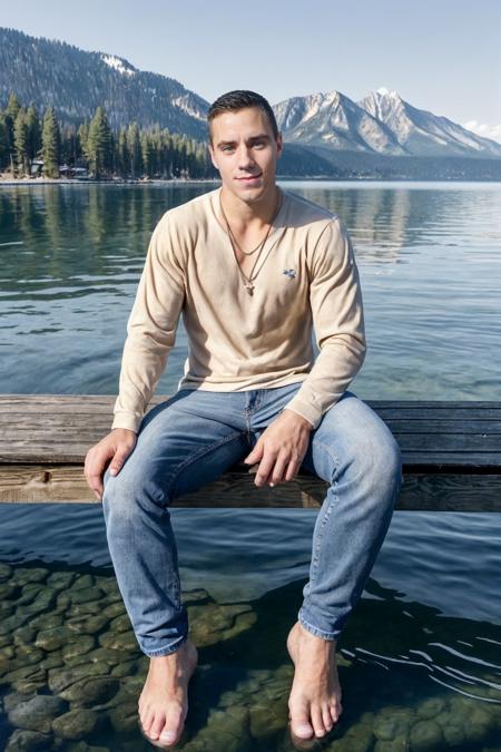 <lora:jake_dalton-04:0.75> photo of jake_dalton, natural relaxed expression, sitting on the edge of a pier on Lake Tahoe, feet hanging off the edge of the pier, feet submerged in water, wearing a long sleeve shirt and jeans, bare feet, clear waters, scenic mountain backdrop, serene majestic setting, golden hour, natural lighting, (beaded bracelet:0.5), necklace