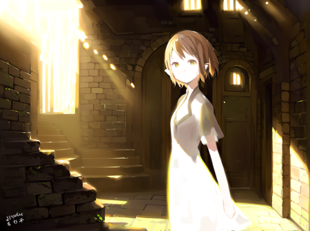 yorda white dress, brown eyes, pale skin, brown hair, short hair, short sleeves, expressionless