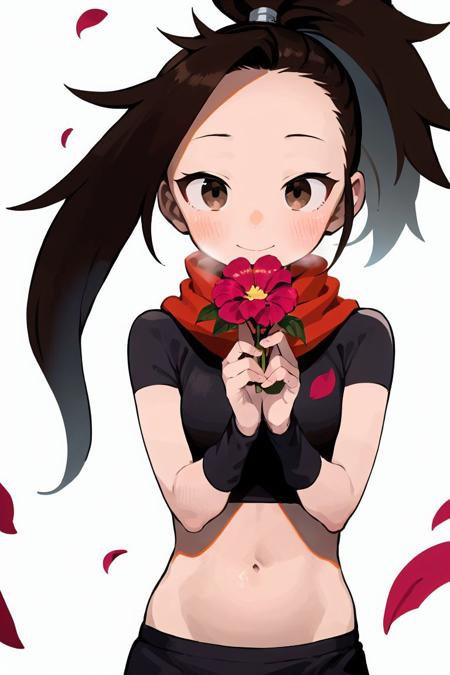 masterpiece, <lora:yamamoto_souichirou-48:1>
yamamoto_souichirou, 1girl, solo, long hair, looking at viewer, blush, smile, simple background, black hair, gloves, white background, navel, holding, brown eyes, closed mouth, ponytail, flower, short sleeves, midriff, fingerless gloves, scarf, crop top, petals, high ponytail, red flower, red scarf, arm warmers, holding flower, ninja