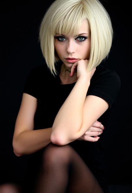 woman, blonde bobcut hair, parted half hair, green and blue eyes, eyeliner, gothic, wearing black t-shirt and black hotpants, black pantyhose
