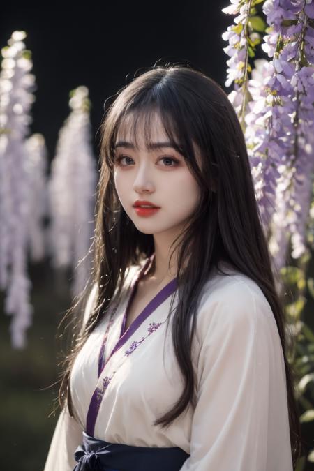 photo of woman,masterpiece,4k,ultra detailed,raw photo,
(night:1.4),1girl,hanfu,antique long sleeved shirt,wisteria tree,half body photo,looking towards the camera,(upper body),front view,
dark theme,moon night,
smile,long hair,
sheer dress,purple tulle hanfu,exquisite clothes,patterned embroidery,butterfly,<lora:lsqy1.5_V2:1>,