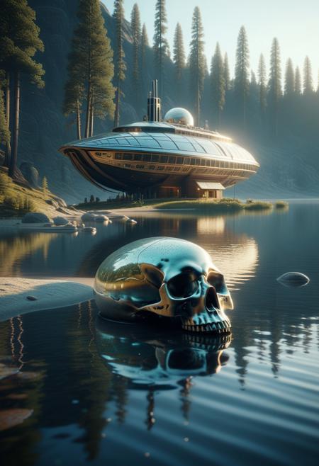 scenery of a cabin at the shore of a lake with dust particles reflecting sunlight with giant skull formed alien ship laying at the middle of the lake in the style of beeple and mike winkelmann and dan mumford, mystical colors, rim light, beautiful lighting, 8k, stunning scene, raytracing, octane, trending on artstation, cinematic, hyperrealism, octane render, cinematic light, macro, depth of field, bokeh, 8k, medium-format print, full-color print, beautiful composition, intricate details, high resolution, artstation 4k ultra hd, masterpiece, 8k, intricate, detailed, photorealistic 8k image,