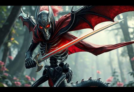 Skeletal Bat-Cobra Warrior: 8K, octane render, Unreal Engine 5, Raphael and Houdini style, splash ink illustration, grammer effect, black, silver, red and gold armor (helmet with visor, flowing cape), two swords, skull face, cobra legs, Forest of Lost Flowers background, dynamic pose, captivating lighting, super detailed facial and eye features, contemporary multicolored aesthetics, impeccable composition, creative angle, attractive background, hyperdetailed, Artstation trending, masterpiece. Focus on a dramatic, high-contrast image with vibrant colors and intricate details. Emphasize the skull-like face, the flowing cape, and the dynamic pose. The Forest of Lost Flowers should be a lush, contrasting backdrop.