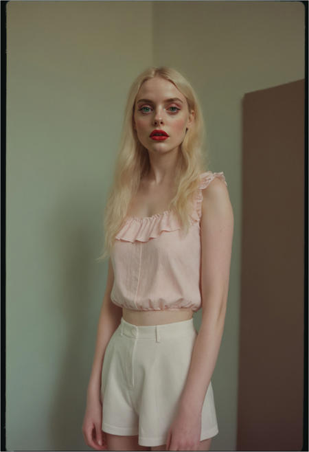 The scene is a dark academia library, bookshelf, indoors. A skinny egirlmakeup 4ng3l face woman stands alone and glowing. The scene is captured on Polaroid and Hasselblad 120mm medium format film, giving it a dreamy, nostalgic quality. The woman, who appears to be around 21 years old, is petite with long legs and porcelain skin. She is dressed in a random outfit and tall high-heel shoes. Her clothes are frilly and feminine, and her long blonde hair cascades down her back in loose waves. Her lips are painted a glossy red, and her eyes are framed by realistic dark mascara. Worried expression. Seafoam-green and pastel-pink colored smoke,  <lora:detailed_hands-000007:0.8>