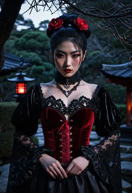 A hauntingly elegant Japanese model stands waist-up in a shadowed Kyoto garden at dusk, where blood-red camellias bloom beneath twisted black pines and stone lanterns flicker with soft candlelight. Her long, jet-black hair is styled into a sleek, high bun adorned with tiny velvet roses and a delicate black lace veil cascading behind her like smoke. She wears a dramatic gothic Valentine couture ensemble: a deep crimson velvet corset with a heart-shaped neckline, tightly cinched and overlaid with intricate black lace in baroque floral patterns. A high, ruffled lace collar frames her neck, fastened with a silver choker bearing a black rose pendant. Semi-sheer bishop sleeves billow from her arms, ending in sharp satin cuffs tipped in metallic thorns. The lighting is moody and romantic cool shadows cut by warm candle glow evoking a dark fairytale. She gazes directly into the lens, serene and commanding, like a vampiric empress in full bloom.
