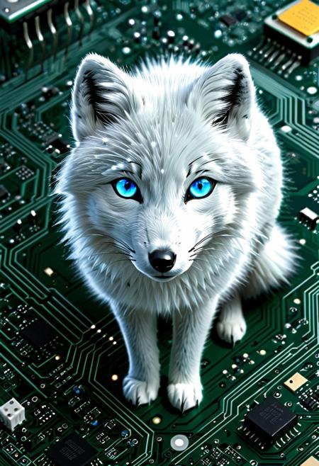 (masterpiece,best quality,very aesthetic:1.3),TzigoCBS,
Arctic fox, silver trace fur, glowing resistor eyes, snowflake microchip ground.
detailed background,(cinematic lighting,soft ambient occlusion:1.1)