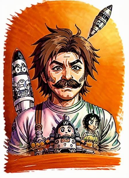 (anime ink drawing:1.2) of (kawaii:1.2) zladkovladcik man with mustache, cartoon rocket in the background, super sharp, intricate detail, high resolution, high quality, detailed face, (studio ghibli style:1.2) <lora:hjzladkovladcik_v10:0.6>