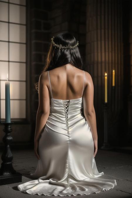 Photo•raw•8k uhd•dslr•high quality•ultra-realistic•realistic•realism•film grain overlay•Fujifilm XT3.
View from behind, dark gothic-style•candle-lit room•ancient stone altar.
1woman•wearing a (white satin gown dress)•(voluptuous)-body•kneeling•skin covered in honey