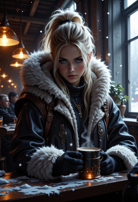 Long Fluffy Pastel Fur, The image is a highly detailed realistic digital painting of a young woman sitting quietly in a dimly lit bar her fierce expression softened into a peaceful distant gaze her piercing blue eyes now calm reflecting the warm glow of hanging lights as she absently runs her fingers through her platinum blonde hair still tied in a high ponytail she is bundled up in thick fur-lined Eskimo-inspired winter clothing with heavy layers of soft warm pelts and intricate leather stitching her cozy fur hat pulled low over her forehead and trimmed with fluffy white fur framing her face while snowmelt glistens on her shoulders despite the chill outside she sits relaxed one arm resting casually on the wooden table her gloved fingers loosely wrapped around a steaming mug the atmosphere is serene with the low murmur of conversation in the background as snowflakes drift lazily past the frosted windows she stares off lost in quiet contemplation perhaps reminiscing about her long journeys through frozen landscapes the contrast of her rugged weather-beaten fur clothing in this peaceful setting creating a comforting sense of warmth and calm after the storm.
