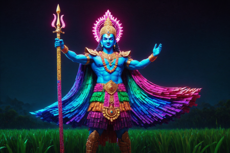 a god, Rama, avatar of Vishnu, made out of RGB Keyboards, with a bow, wearing royal robes, battling with a bow with RGB lights, solo, digital Elysian Fields with neon grass, soft RGB light, detailed background, reaching with a digital spark, glowing with RGB lights, arm extended, majestic, glowing with RGB lights, wide shot, best quality, vibrant colors, realistic style, high detail, high-definition, hyper-realistic, extremely high-resolution details, fine texture, incredibly lifelike, realistic, not cartoon, not drawing, highres, 4K resolution, source photo, realistic photo, masterpiece, best quality, amazing quality, very aesthetic, ultra-detailed, detailed textures, natural lighting, soft light, electric neon colors, bright pinks, purples, cyans, RGB pulse, rhythmic and dynamic, overhead shot, <lora:RGB_Keyboard_themed-000008:1>