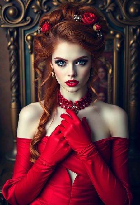 a gorgeous 30 years old caucasian woman, very pale skin, very long red hair in updo with curls hanging down and royal hair pins with heart roses, long black eyelashes, black mascara, black eyeliner, big amber eyes, red sparkling smokey eyes eyeshadow, luscious sensual red glossy lips, rouge, sexy elegant curves, red elegant royal choker, long red royal gloves, long red royal dress with cleavage, looking at viewer sensually and dominantly, Throne room
