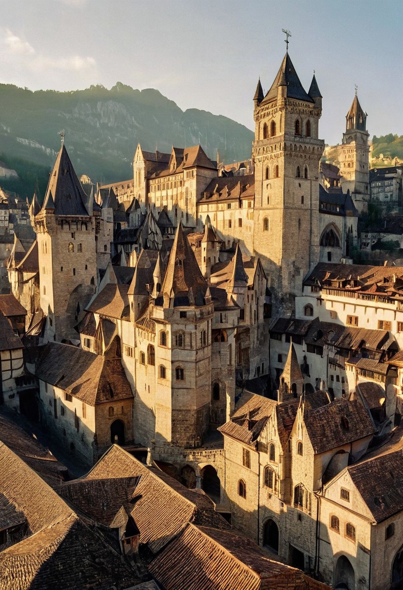 beautiful medieval city, the mystical light, professional photography, natural lighting, natural lighting, volumetric lighting maximalist. intricately detailed, complex, elegant, expansive, fantastical, film photography style, light grain, medium grain