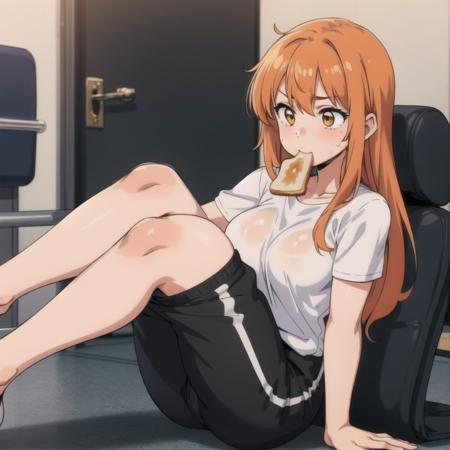 masterpiece, ultra high quality cg, best quality, 1girl, orange hair, toast in mouth, white shirt, black sweatpants, gymnasium, sitting cross-legged