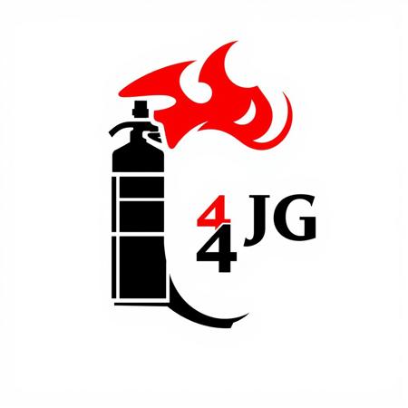 A professional and modern logo for a fire safety company named '4 JG'. The design should feature bold, strong lettering in red and black to represent fire protection and security. The background should be white for a clean look. Incorporate an icon of a fire extinguisher, flames, or a shield to emphasize safety and prevention. The overall design should be sleek, trustworthy, and visually striking