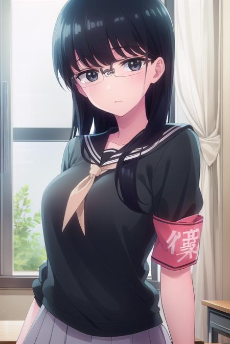 kyoukokuroyuri, <lora:kyouko kuroyuri s1-lora-nochekaiser:1>,
kyouko kuroyuri, long hair, black hair, (black eyes:1.5), glasses,
BREAK skirt, school uniform, pantyhose, pleated skirt, serafuku, armband, (black shirt:1.2),
BREAK indoors, classroom,
BREAK looking at viewer, (cowboy shot:1.5),
BREAK <lyco:GoodHands-beta2:1>, (masterpiece:1.2), best quality, high resolution, unity 8k wallpaper, (illustration:0.8), (beautiful detailed eyes:1.6), extremely detailed face, perfect lighting, extremely detailed CG, (perfect hands, perfect anatomy),