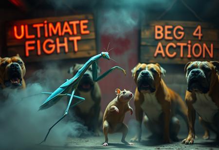 “A hyper-realistic scene of a pale blue mantis dancing gracefully with a greenish mouse, surrounded by four pitbulls barking hysterically with intense expressions. Captured with optics broadcast cinema anamorphic lenses, the composition includes soft edge blurs and subtle lens flares, giving a polished, cinematic quality. Studio lighting brings out the intricate textures of the mantis’s delicate limbs, the mouse’s fur, and the pitbulls’ muscular builds, balancing surreal elegance with intense realism. In the slightly blurred background, two rotten wooden signs read ‘Ultimate Fight’ and ‘Beg 4 Action’ in faded, weathered letters, adding a gritty, underground edge. Neon hues and swirling fog enhance the eerie, dreamlike setting.”