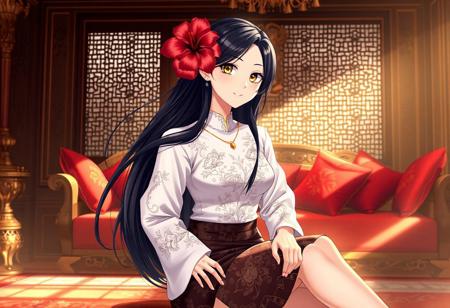 An anime-style depiction of a woman with long, silky black hair, adorned with bright red hibiscus flowers, sitting gracefully in a richly furnished traditional Indonesian room, bathed in soft, warm light. The room is a testament to the careful craftsmanship, featuring intricately carved wooden furnishings and plush, rich red cushions, contributing to the atmosphere of luxurious comfort. She is dressed in a stunning white kebaya, distinguished by its delicate floral motifs, elegant long sleeves, and intricate embroidery. Completing her look is a short, dark brown batik sarong skirt, which adds a layer of cultural heritage and charm. Her golden eyes radiate warmth and gentleness, complemented by the soft smile that softens her face. A delicate gold pendant necklace rests elegantly against her skin. Her black high heels add a touch of modern sophistication to the scene. This highly detailed, high-resolution image is rendered with soft, warm lighting, perfectly capturing the elegant aesthetic of the culture. The richness of Indonesia’s heritage and the graceful beauty of the woman are brought to life through painstaking detail, creating a harmonious visual narrative.