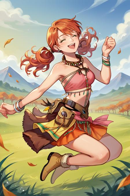 vanille, twintails, green eyes tribal jewelry, necklace, bracelet, beads, pink crop top, belt, sarong, clothes around waist, fur-trimmed boots