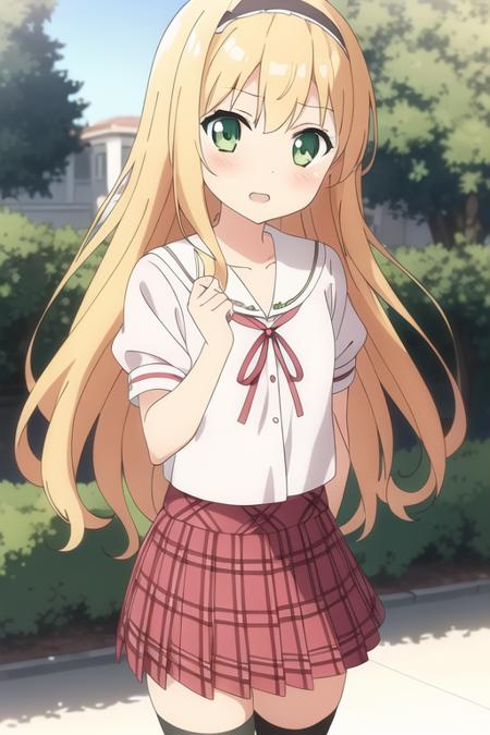 best quality ,masterpiece, 1girl,anime screencap,azuki azusa,blonde hair,long hair,green eyes,hairband,school uniform,white skirt,pink plaid skirt,black thighhighs,<lora:bm:0.5>