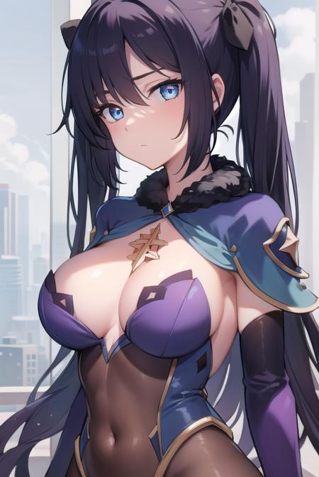 monamegistus, <lora:monatest:1>, mona, blue eyes, hair between eyes, twintails, very long hair, purple hair,
BREAK black bodysuit, black gloves, blue sleeves, bodysuit, capelet, covered navel, detached sleeves, gloves, high heels, leotard, long hair, long sleeves, multicolored sleeves, purple capelet, purple sleeves, strapless, strapless leotard,
BREAK outdoors, city,
BREAK looking at viewer,
BREAK <lora:GoodHands-vanilla:1>, (masterpiece:1.2), best quality, high resolution, unity 8k wallpaper, (illustration:0.8), (beautiful detailed eyes:1.6), extremely detailed face, perfect lighting, extremely detailed CG, (perfect hands, perfect anatomy),