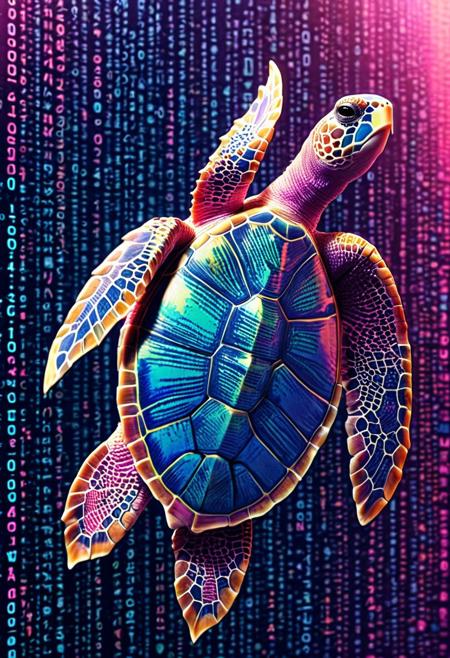 blue and pink matrix codes codeandigital, c0dean0igital, cyberw0rlds, 
colorful, vibrant, sea turtle with matrix codes, 
Selective focus,highly detailed, vibrant, perspective control