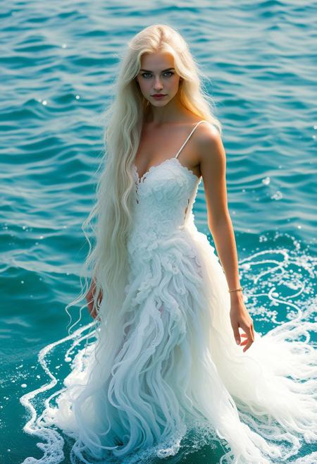 a woman, aprhodite goddess, dress made by the ocean waves, in the middle of the ocean, in white, white long hair, beautiful, high detailed, 8k.