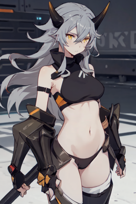 JunNinjaHonkai, 1girl, solo, yellow eyes, long hair, grey hair, hair between eyes, medium breasts, thighhighs, black panties, navel, horns, grey hair, armor, midriff, gauntlets, bare shoulders, 