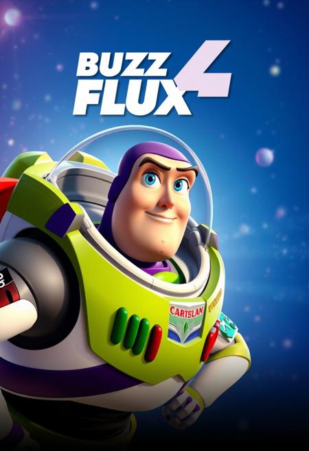 Buzz lightyear character saying "Buzz 4 Flux" as a movie poster, photorealistic, high-quality, highly detailed