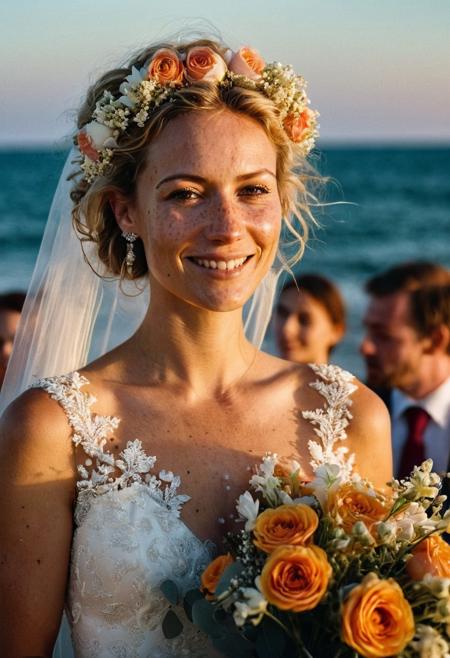 Stunning 35mm photo of a 42 years old Dutch woman, ((an breathtaking wedding dress)), very pretty, fit, skinny, highly detailed face, highly detailed skin, freckles, many freckles on arms and tits, freckles and moles all over body, natural breasts, perfect breasts, hard nipples, Rounded ass, blonde hair, pubic hair, short hair, messy hair, medium hair, brown eyes, highly detailed skin, highly detailed face, in love, happy, detailed pupils, at her wedding party, in a beach club on the Dutch coastline, holding a pretty bouquet of flowers, extremely happy, sunset, you can tell from the expression on her face that she is highly sexually aroused, low light, soft natural light, Rembrandt style light, made with a Hasselblad camera, 35mm, film grain, masterpiece, sharp focus, ((Photorealistic:1))