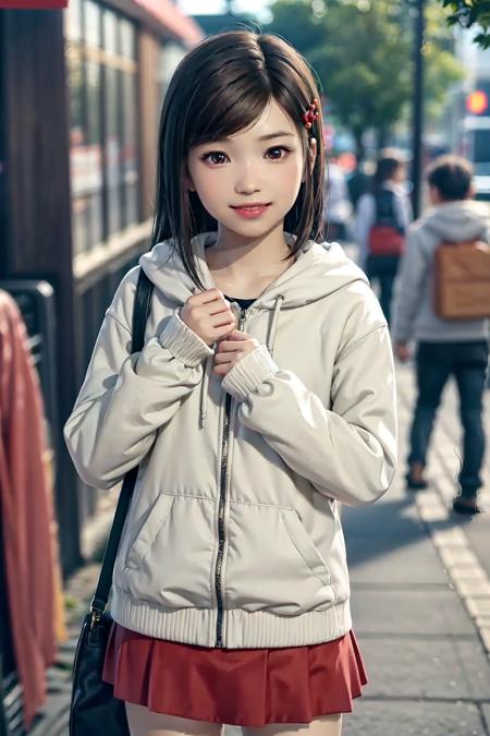 1girl, (9yo, child, very young, short height:1.5), sawamura haruka (child), ryu ga gotoku, yakuza, long hair, hair over shoulders, brown hair, swept bangs, hair ornament, brown eyes, lips, flat chest, hoodie jacket, red skirt, boots, on kabukicho streets, (smile:1.3), laugh, cute, kawaii, looking at viewer, detailed face, detailed skin, rounded eyes, (((best quality, masterpiece))), (((extremely detailed))), (8k resolution), ((realistic)), colorful, RAW photo, cinematic lighting, best quality, 8k uhd, realistic, (unreal engine), <lora:sawamura haruka (child):0.8>